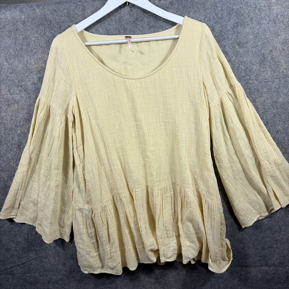 Free People‎ XS Kyleigh Mini Boho Lined Dress Tunic Yellow Long Bell Sleeve